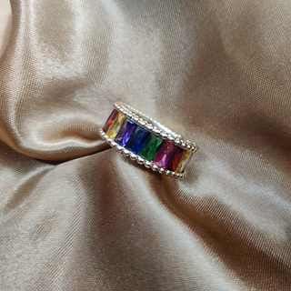 Gold Plated Rainbow/White Emerald Cut Crystal Ring